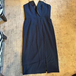 Jay Godfrey Navy Satin Black Trim Midi Strapless Dress